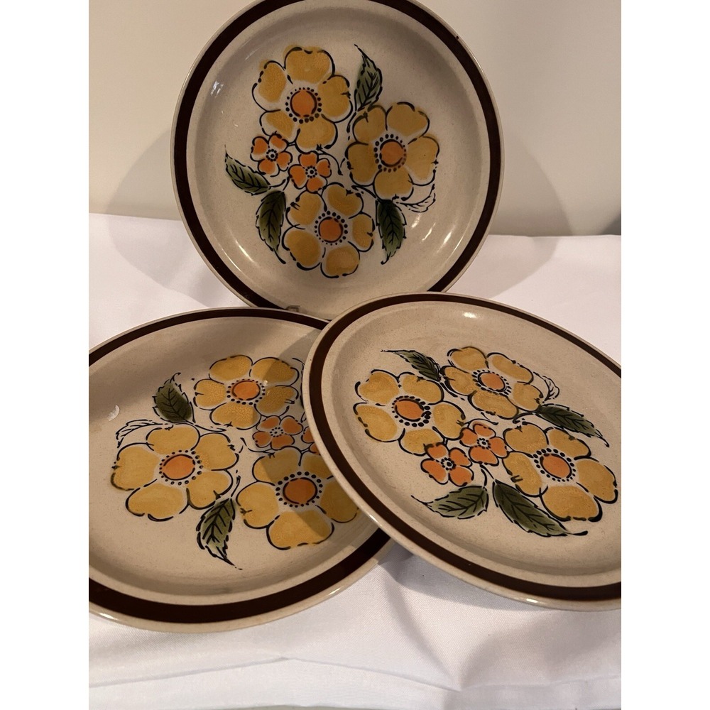 3 VINTAGE MONTROSE STONEWARE HAND DECORATED OVEN PROOF DINNER PLATES-JAPAN-10.5"
